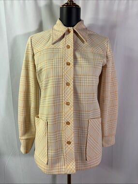 Vintage 70s Montgomery Ward Peach Orange Houndstooth Print Button Down Shirt